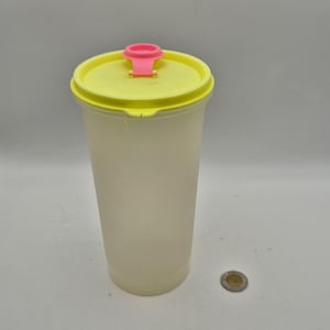 Vintage Neon-Tupperware-Krug – Gelb und Rosa – 1990er Jahre – Hergestellt in Kanada – 1 Liter