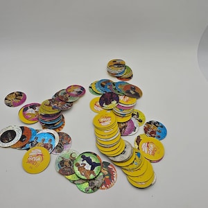 Massor av vintage Tazos/Chupa-kepsar (90-talet) – Power Rangers och andra – Retrokollektion, holografiska kepsar, 90-talsnostalgi