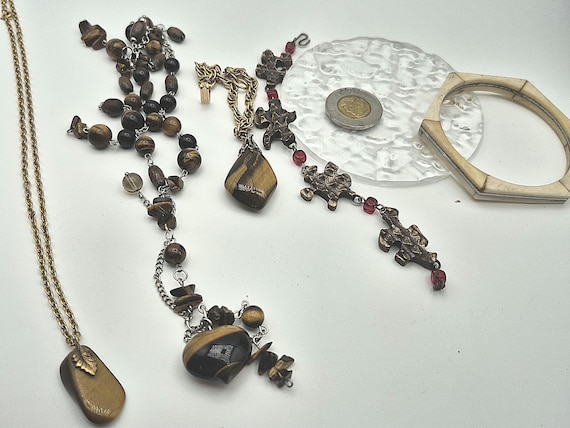 Lot de bijoux fantaisie artisanaux – Pierres Œil de Tigre, Puzzle et Bracelet Géométrique