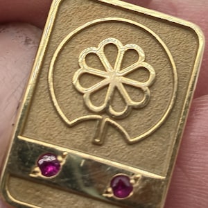 May include: A rectangular gold-coloured pendant featuring a floral design within a circle. Two small, round, red gemstones are set below the floral design. The pendant has a textured surface.