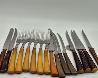 Mid-Century Vintage Flatware Set - 6 GLO-HILL Canada Amber Forks, G.H. Sheffield Style Horn Steak Knives - 14 Pieces