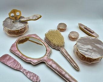 Vintage Pink Mother-of-Pearl Celluloid Vanity Set – Enhance your dressing table, Art Deco
