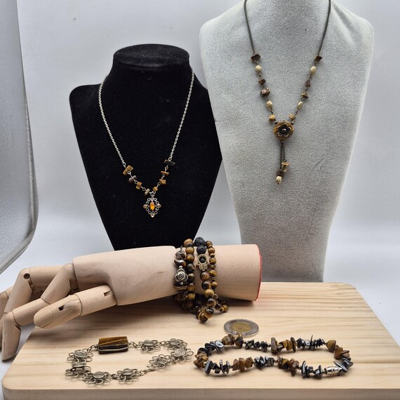 Lot de Bijoux Vintage en Œil de Tigre – 6 Pièces : Colliers, Bracelets et Pierres Naturelles – Style Bohème