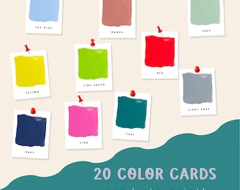 May include: Twenty color cards with names printed below each color swatch. The colors include sky blue, mauve, yellow, navy, lime green, pink, teal, red, sage, and light gray. The cards are pinned to a beige wall with red push pins. The cards are arranged in two rows of five cards each. The bottom of the image shows a wavy teal blue background with the text "20 COLOR CARDS ready to print!"