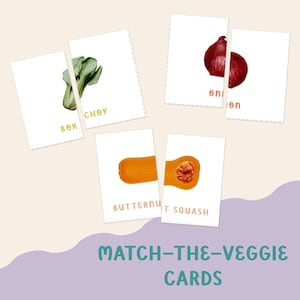 May include: A set of 'Match-the-Veggie' cards with illustrations of bok choy, a red onion, and butternut squash. Each vegetable is split across two cards. The text 'Match-the-Veggie Cards' is at the bottom.