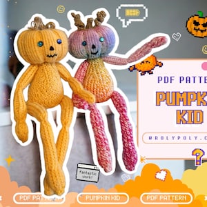 Puede incluir: Dos juguetes amigurumi de calabaza tejidos, uno naranja y otro arcoíris, con un patrón PDF para hacerlos. El patrón se titula "Pumpkin Kid" y está disponible en @rolypoly.craft.