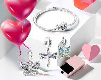 Bracelet + 3 charms + gift box - 18cm - Butterflies