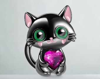 Black Cat Pink Heart Charm - S925 Silver