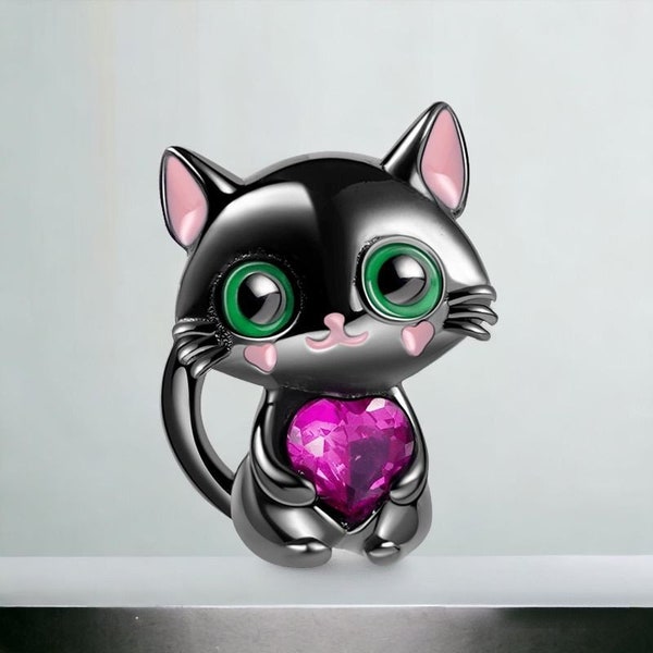 Charm Chat noir cœur rose - Argent S925