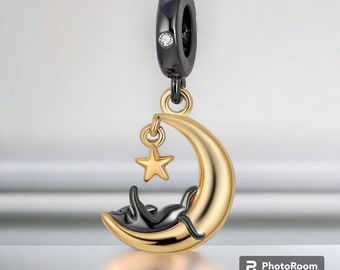 Black Cat on Moon Charm - S925 Silver