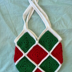 Crochet Green and Red Christmas Granny Square Tote Bag