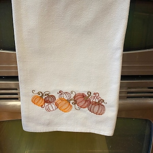 Festive Harvest Pumpkin Kitchen Dish Towel. Machine Embroidered. Fall Decor. Hostess Gift. Bridal Shower Gift. Birthday Gift.