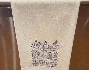 Paño de cocina con la historia de la Natividad. Bordado a máquina. Regalo para anfitrionas. Regalo para despedidas de soltera. Regalo de cumpleaños.