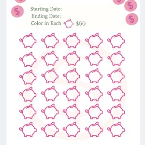 May include: A printable emergency savings tracker with a pink piggy bank design. The tracker has 30 piggy banks to color in, representing $50 saved each. The total saved is $1500.