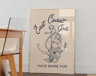East Coast Print Mermaid Poster Girly Beachy Art Vintage Mermaid Coastal Print Minimalist Beach Art Trendy Coastal Art Unique Beach House