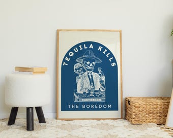 Funny Western Print Tequila Kills Poster Trendy Bar Cart Art Retro Western Wall Art Skeleton Cowboy Wall Decor Wild West Home Decor