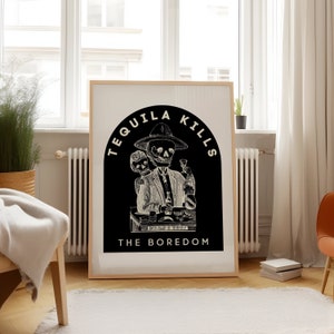 Plakat Tequila Kills Western Home Decor Vintage Liquor Poster Bar Cart Art Zabawny znak barowy Zabawna sztuka zachodnia Koktajl Druk Szkielet Sztuka ścienna