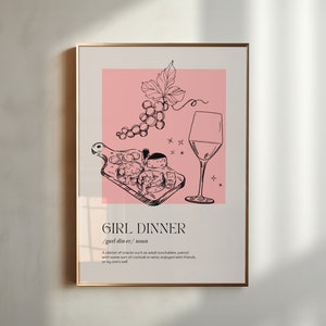 Girl Dinner Printable Wall Art Trendy Kitchen Decor for Wine Lovers Aesthetic Pink Prints Vintage Bar Cart