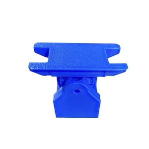 May include: A blue plastic 3D printed object with a flat top and a base with a hole in the center.