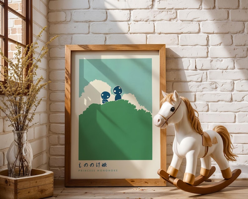 a framed poster of a green landscape with two small figures, a white rocking horse, and a vase of flowers on a wooden shelf against a white brick wall.
