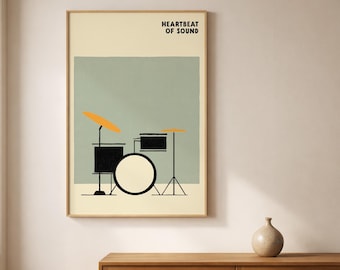Póster minimalista de batería: arte musical retro para amantes del jazz y regalo imprimible para músicos (descarga digital).