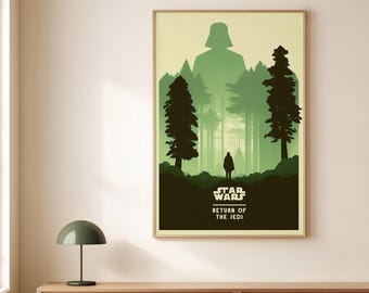 May include: A framed Star Wars poster featuring a green and black forest scene with a silhouette of Darth Vader and a figure with a staff. The text "STAR WARS" and "RETURN OF THE JEDI" are at the bottom.