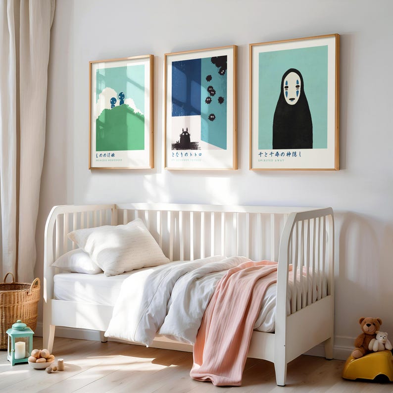 a bedroom with a white bed and two pictures on the wall