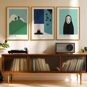 Stampe artistiche da parete di film anime iconici - Set di decorazioni per la cameretta dei bambini minimaliste ispirate agli spiriti della natura (3 pezzi)