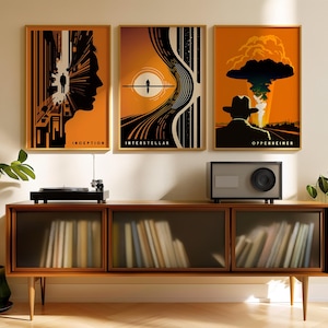 Minimalistische Christopher Nolan Poster Set - Interstellar, Oppenheimer, Invention - Retro Prints für Kinoliebhaber und Kinoliebhaber