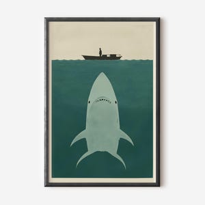 Poster minimalista del film "Squalo": download digitale per l'arredamento di home theater e regalo per gli amanti dei film horror