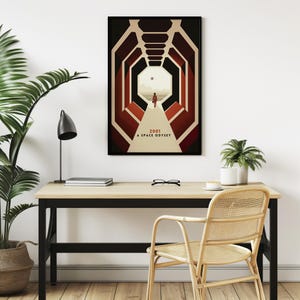 a desk with a chair and a poster on the wall