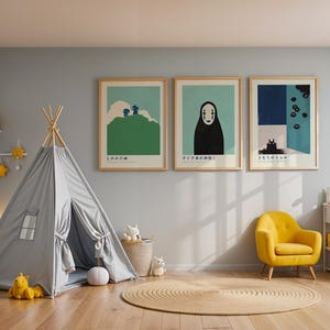 A child's bedroom with a gray teepee, yellow armchair, and three framed posters on the wall.