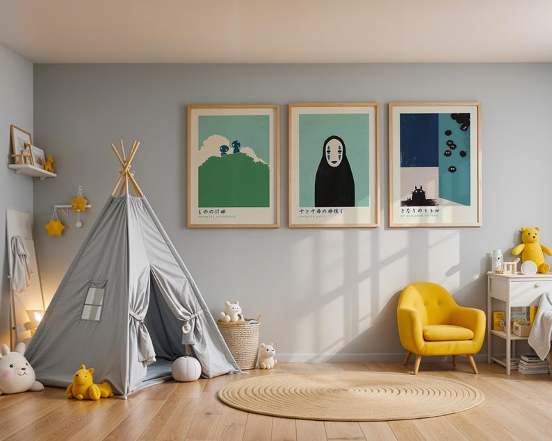 A child's bedroom with a gray teepee, yellow armchair, and three framed posters on the wall.