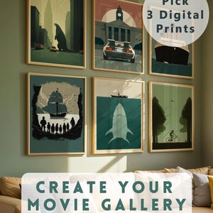Aangepaste minimalistische filmposters set van 3 - thuisbioscoopkunst aan de muur - bioscoopcadeau voor retro decor - digitale download