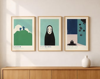 Anime Nursery Poster Set – Minimalist Ghibli Wall Art (Totoro, No Face, Kodamas)