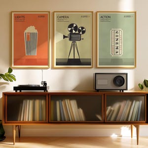 Home Theater Poster Set - Minimalist Retro Wall Art - Popcorn, Cinema Projector, Movie Ticket for film enthusiasts.