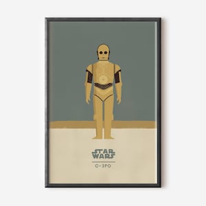 Stampa retrò di C3PO, poster minimalista di Star Wars per l'arredamento del cinema e per gli appassionati di fantascienza