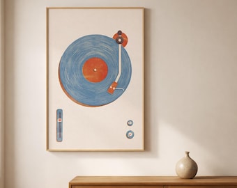 Póster de música de mediados de siglo con diseño de disco de vinilo; arte mural retro para decoración minimalista del hogar - Descarga digital
