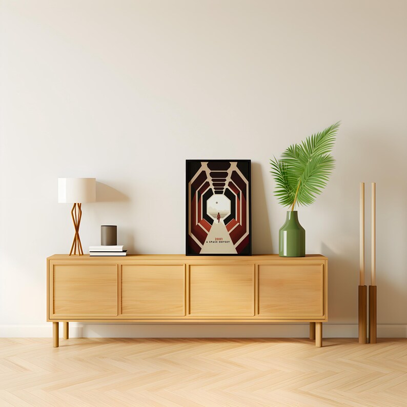 a wooden dresser with a painting on top of it