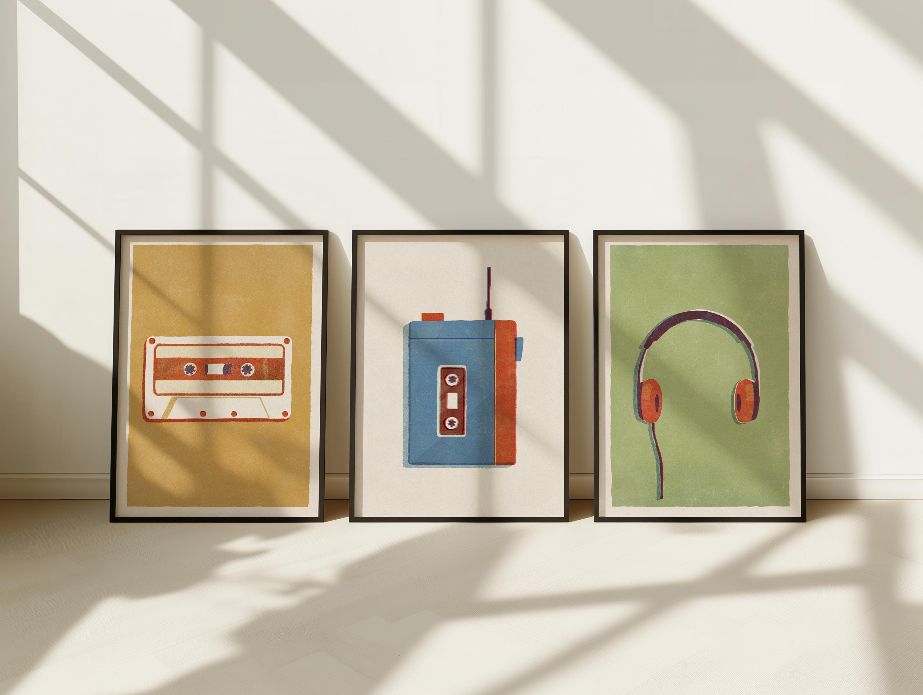 Retro 80's Music Set of 3 Prints: Cassette, Headphones and Walkman Posters. Minimalist Wall Art for Vintage Home Decor. Digital Download