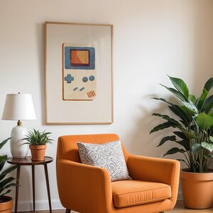 a living room with a couch, chair and potted plants