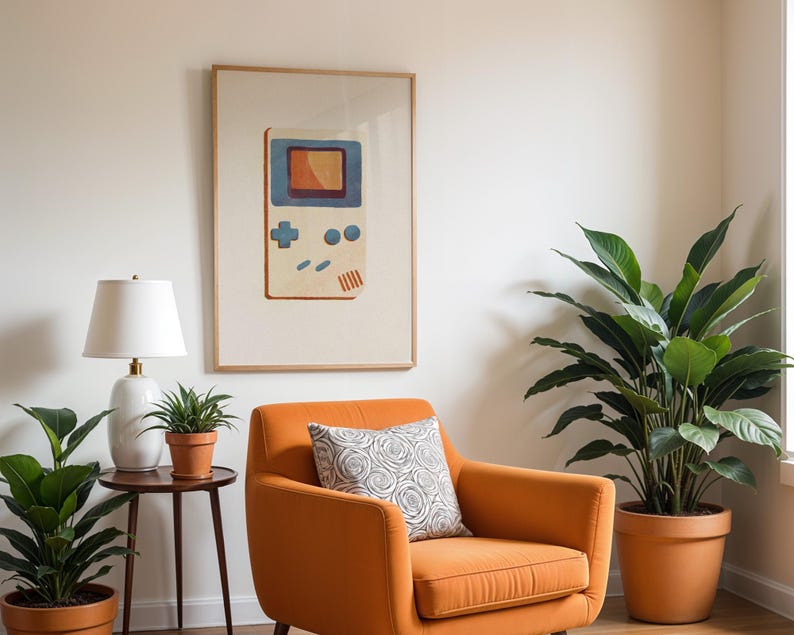 a living room with a couch, chair and potted plants