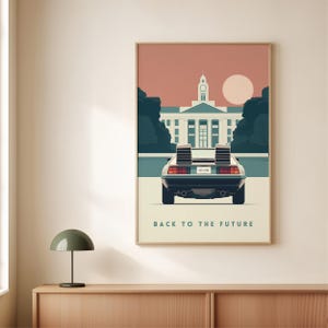 Minimalistische filmposter van DeLorean - scifi-film uit de jaren 80, filmkunst voor thuisbioscoop