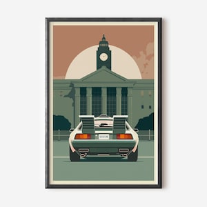 Stampa digitale di Delorean, poster del film futuristico degli anni '80 per l'arredamento retrò di home theater e per gli amanti del cinema di fantascienza
