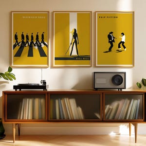 Tarantino Film Poster 3er Set: Minimalistische Gelbe Drucke für Film Liebhaber und Kino Dekor - Vorratsbehälter Hunde, Pulp Fiction und Kill Bill