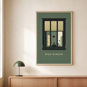 Affiche inspirée de la lunette arrière Alfred Hitchcock Impression d'art numérique minimaliste pour les cinéphiles et la décoration de cinéma maison