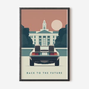 Poster minimalista del film DeLorean - Arte cinematografica di fantascienza degli anni '80 per viaggi nel tempo per l'home theater