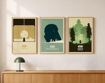 Minimalist Star Wars Poster Set for Retro Movie Theater: A New Hope, Empire Strikes Back, Return of the Jedi Digital Download Art Prints