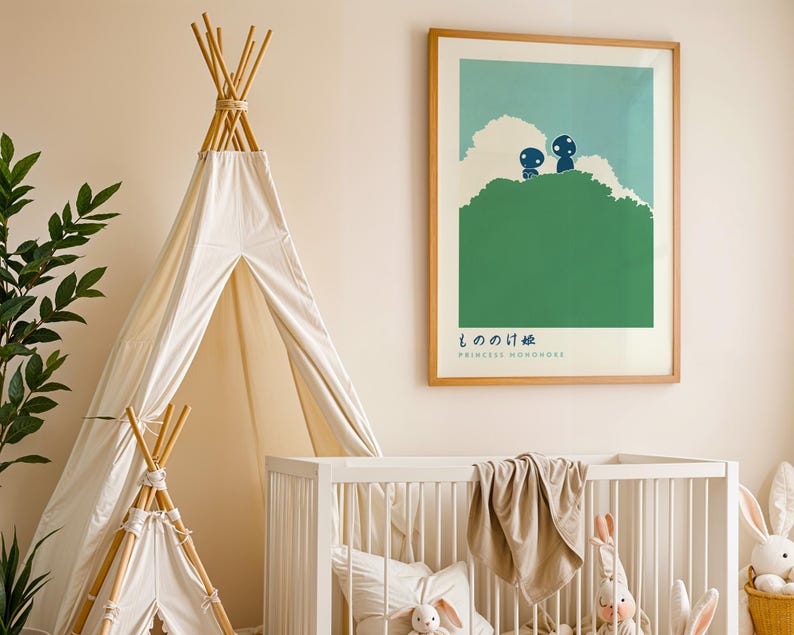 A nursery with a white crib, a teepee-style tent, and a framed poster of a green hill with two small figures on it.