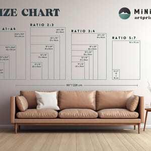 a wall with a size chart for MINIM art prints. The chart provides the dimensions of various prints in inches, ranging from 1 to 4. The couch in the foreground is brown leather and has a white pillow on it. The wall behind the couch has a minimalist design, with a vase and a plant placed on a small table.